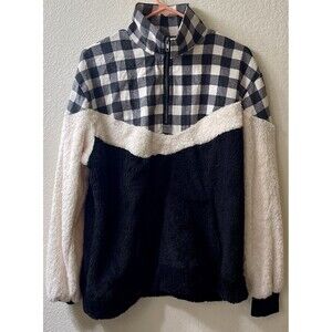 NWT Grace & Emma Women’s 1/4 Zip Soft Fuzzy Black/White Checkered  Jacket Size L